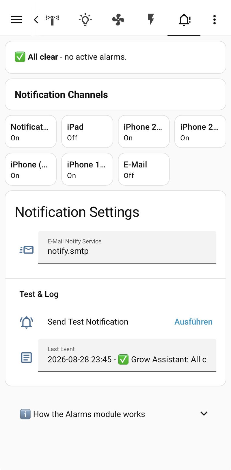 Alarms and notifications overview on a smartphone