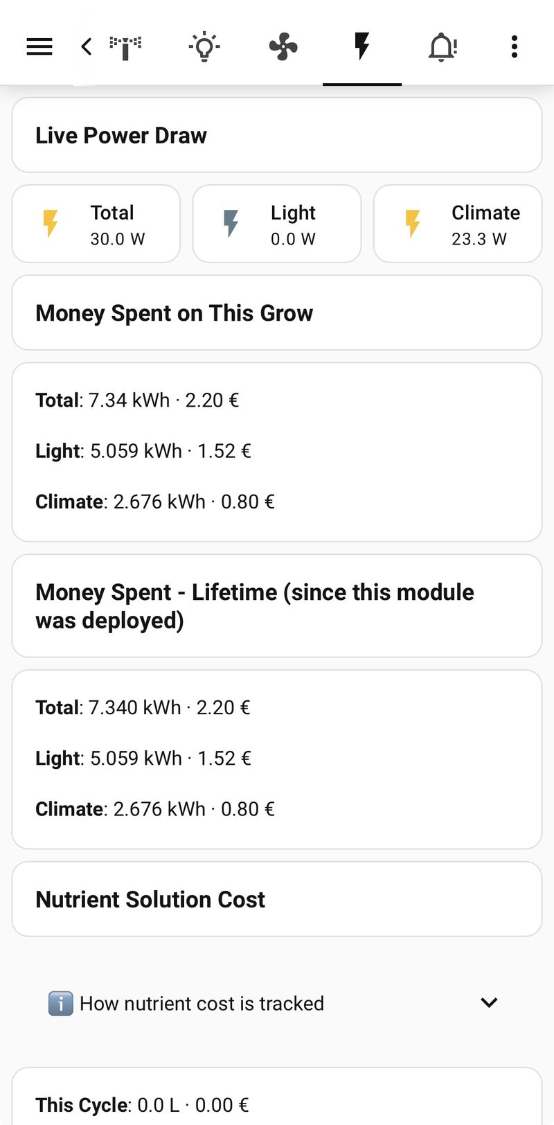 Energy and cost overview on a smartphone
