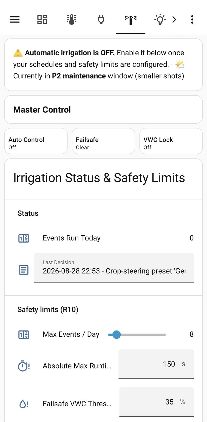 Irrigation control with safety limits on a smartphone