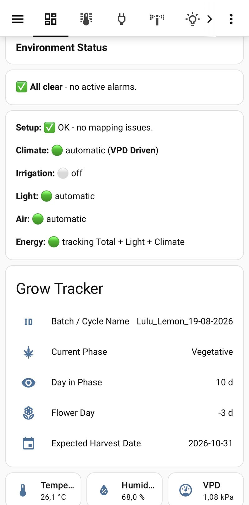Overview dashboard with grow tracker on a smartphone